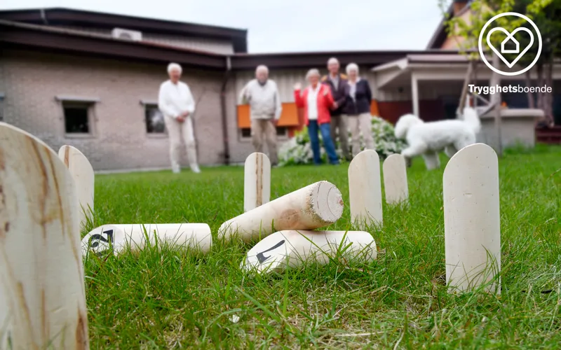 En grupp hyresgäster spelar sifferkubb ute på gräsmattan.