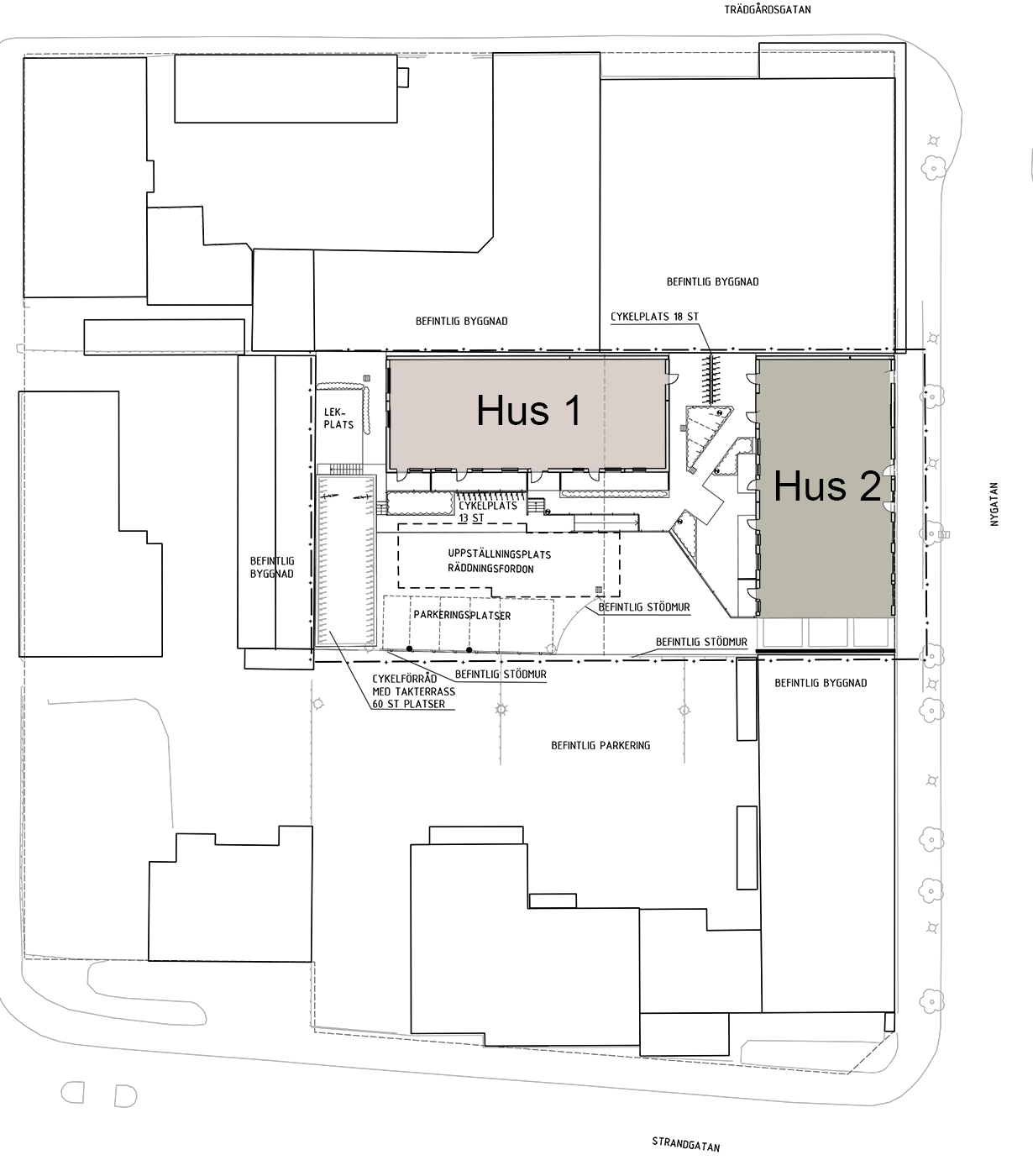 Områdesritning som visar hur Hus 1 och 2 är placerad på tomten