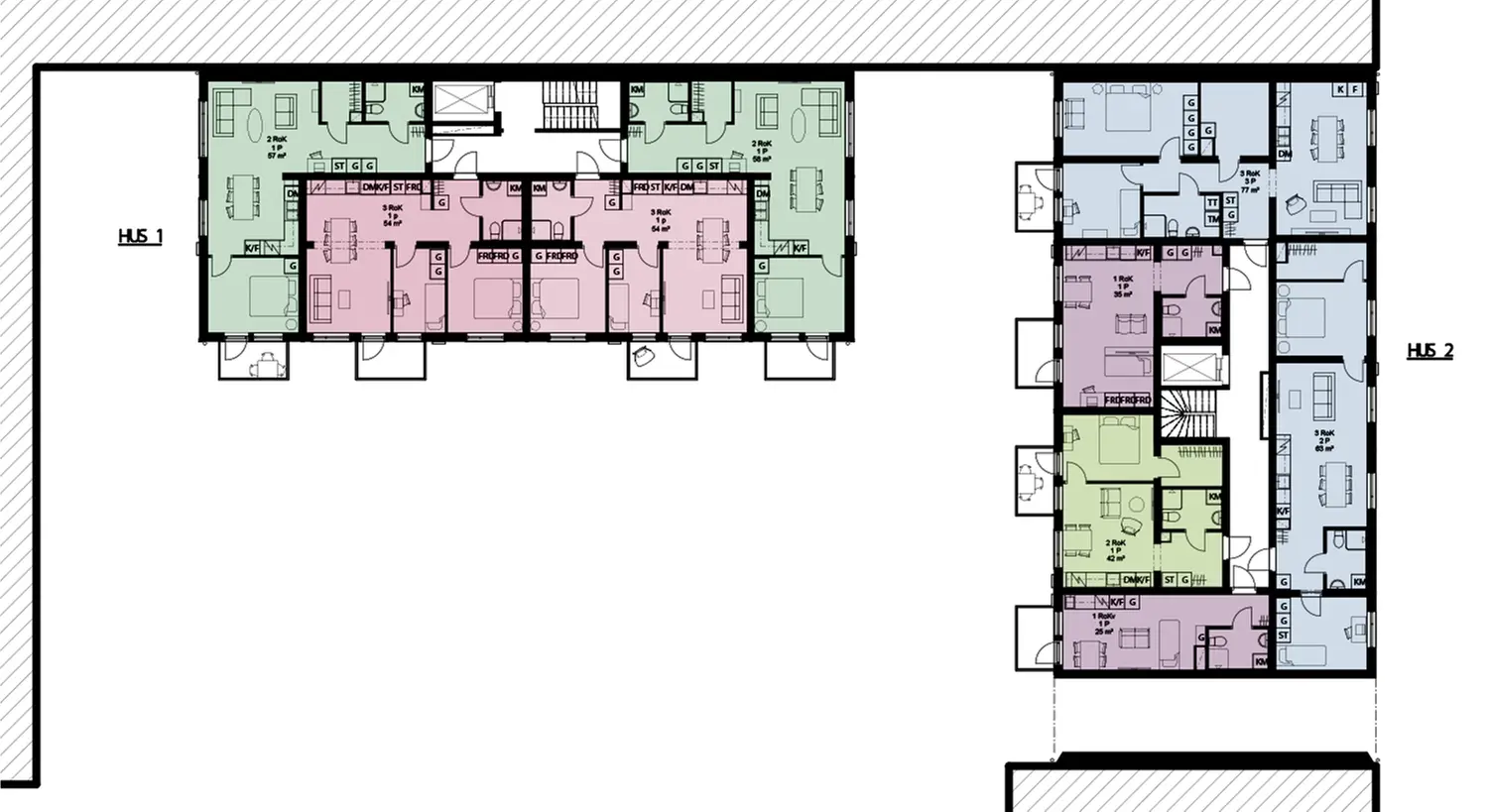 Planritning för hus 1 och 2 inklusive exempel på möblering